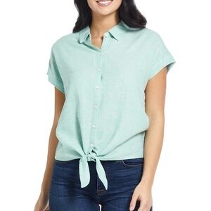 🦋 Weatherproof Vintage Linen Short Sleeve Button Down Tie Front Shirt Blouse L